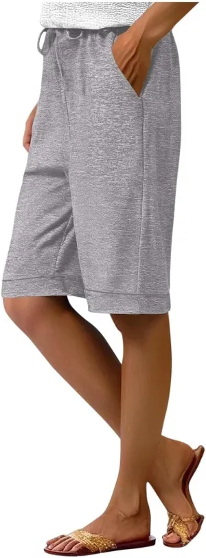 Cotton Sweat Shorts with Pockets for Women 10" Athletic Lounge Sports Workout Bermuda Knee Shorts