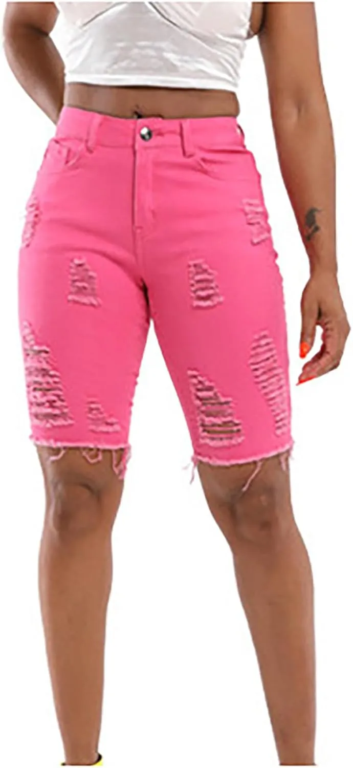 Denim Shorts Women High Waisted Distressed Ripped Loose Fit Knee Length Bermuda Shorts Casual Shorts with Pocket