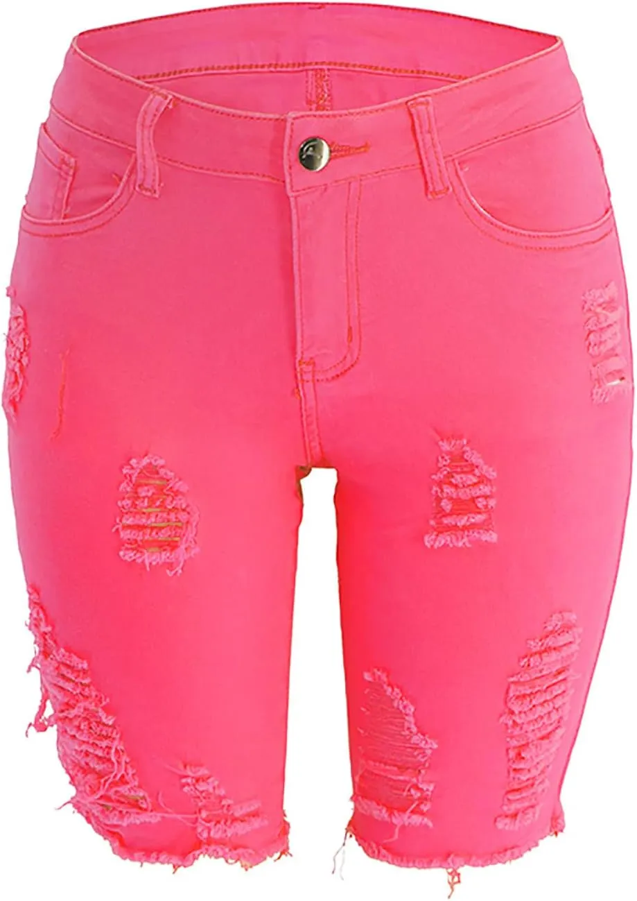 Denim Shorts Women High Waisted Distressed Ripped Loose Fit Knee Length Bermuda Shorts Casual Shorts with Pocket