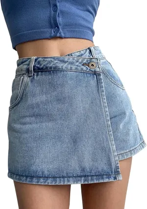 Denim Skorts for Woman Summer 2024 High Waist Button Faux Wrap Jean Skort Skirts with Pocket Ladies Stretch Shorts
