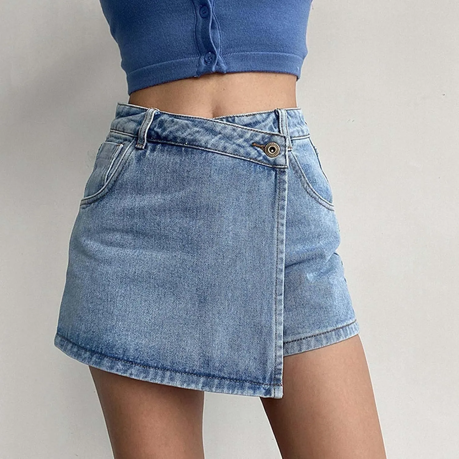 Denim Skorts for Woman Summer 2024 High Waist Button Faux Wrap Jean Skort Skirts with Pocket Ladies Stretch Shorts