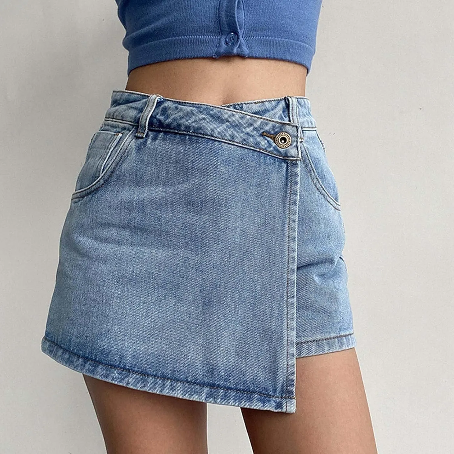 Denim Skorts for Woman Summer 2024 High Waist Button Faux Wrap Jean Skort Skirts with Pocket Ladies Stretch Shorts