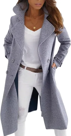 DGHM-JLMY Women's Winter Loose Trench Coat Overcoat Casual Coat Long Woolen Coat Lapel Button Long Solid Wool Blend Coat