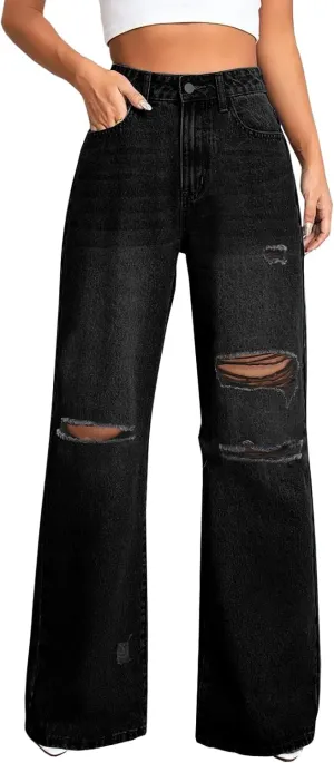 Distressed Wide Leg Jeans for Women High Waisted Loose Ripped Boyfriend Jeans Y2K Stretch Denim Pants