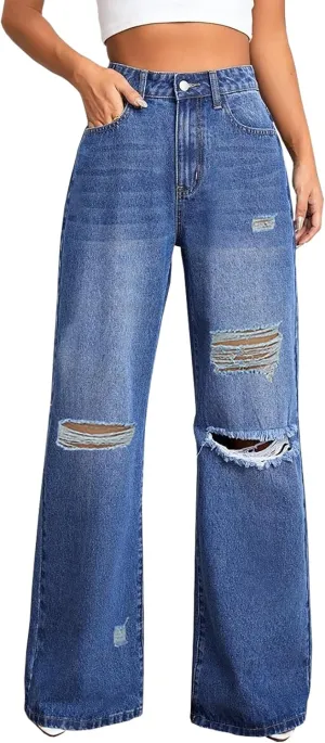 Distressed Wide Leg Jeans for Women High Waisted Loose Ripped Boyfriend Jeans Y2K Stretch Denim Pants