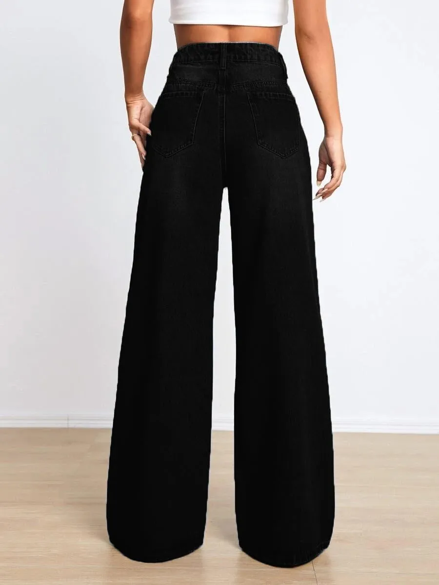 Distressed Wide Leg Jeans for Women High Waisted Loose Ripped Boyfriend Jeans Y2K Stretch Denim Pants