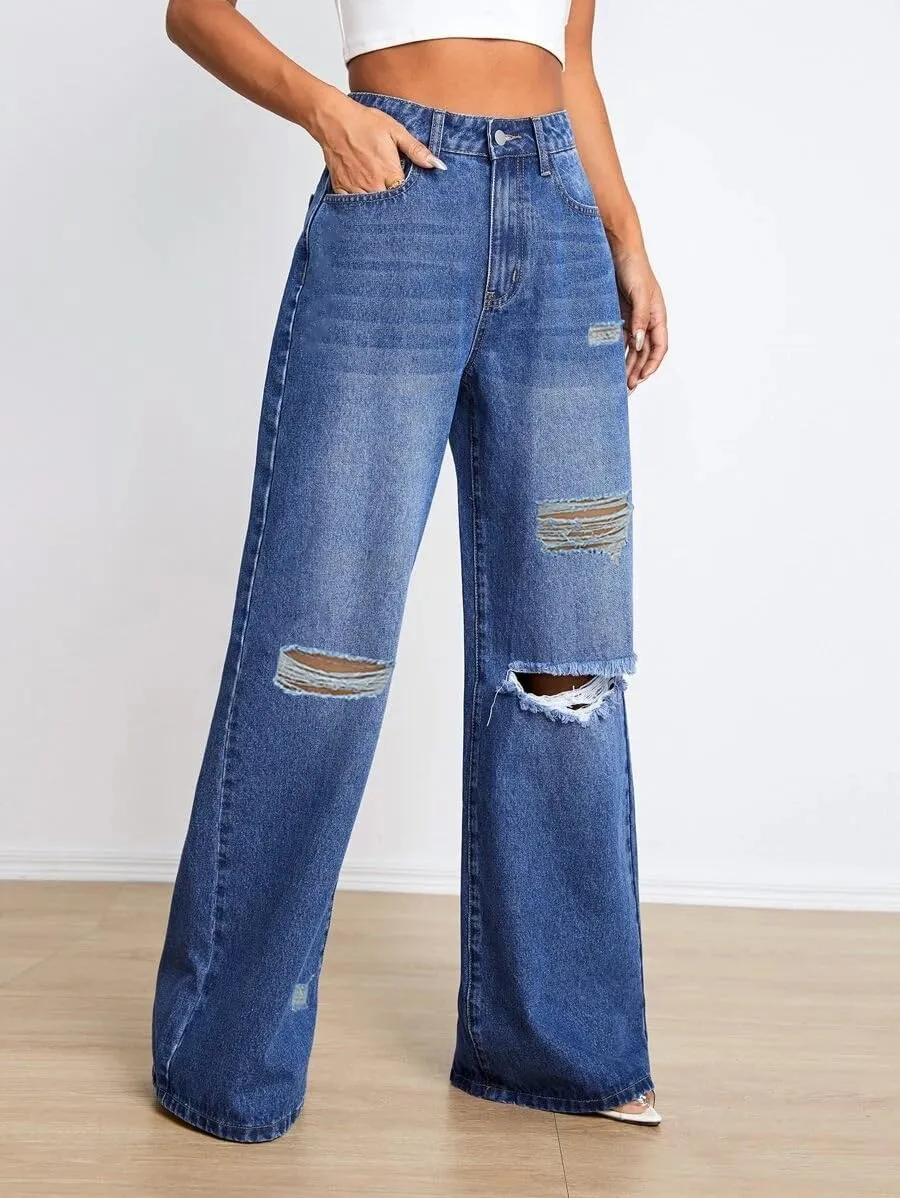 Distressed Wide Leg Jeans for Women High Waisted Loose Ripped Boyfriend Jeans Y2K Stretch Denim Pants