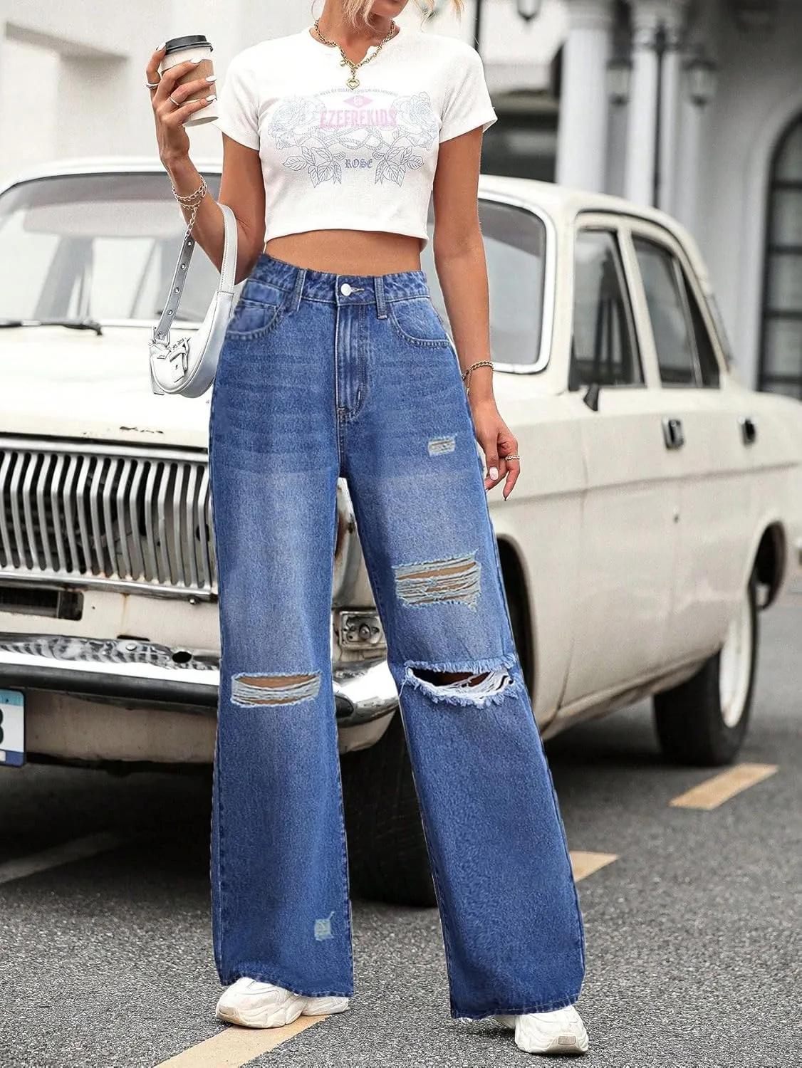 Distressed Wide Leg Jeans for Women High Waisted Loose Ripped Boyfriend Jeans Y2K Stretch Denim Pants