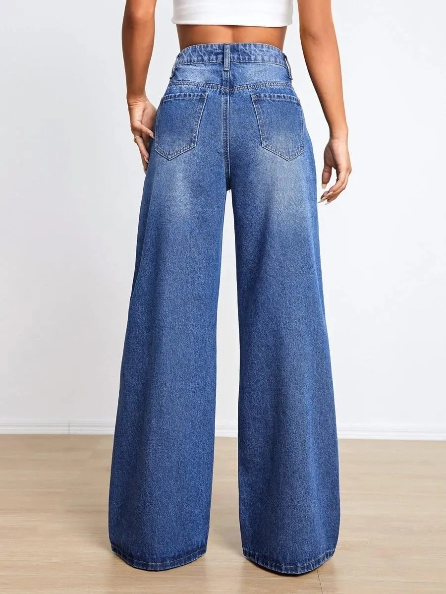 Distressed Wide Leg Jeans for Women High Waisted Loose Ripped Boyfriend Jeans Y2K Stretch Denim Pants