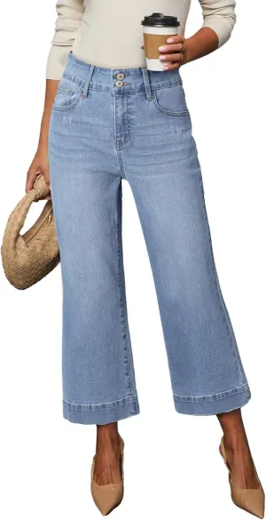Dokotoo Womens Summer Jeans High Waisted Wide Leg Baggy Jeans for Women Stretch Denim Pants