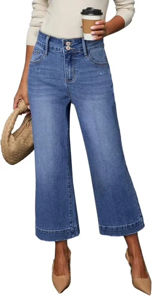 Dokotoo Womens Summer Jeans High Waisted Wide Leg Baggy Jeans for Women Stretch Denim Pants