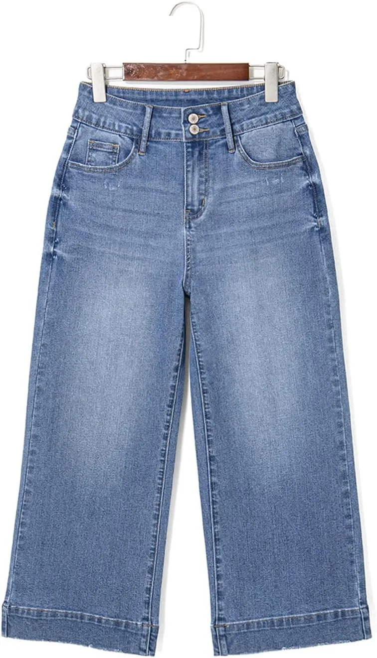 Dokotoo Womens Summer Jeans High Waisted Wide Leg Baggy Jeans for Women Stretch Denim Pants