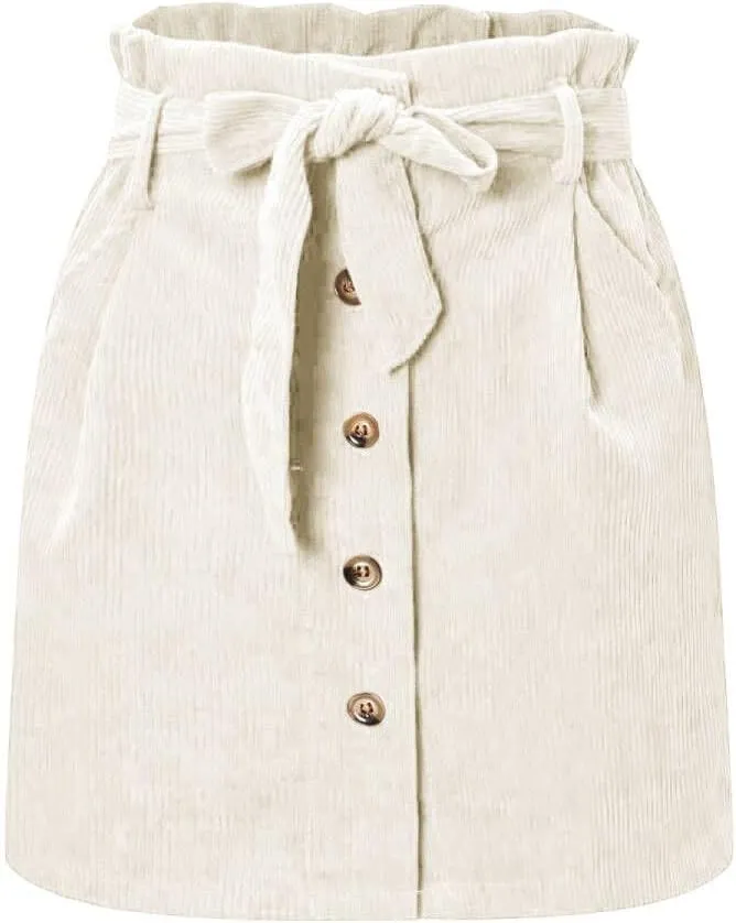 ebossy Women's Paperbag High Waist Button Front Corduroy Mini Skirt with Belt