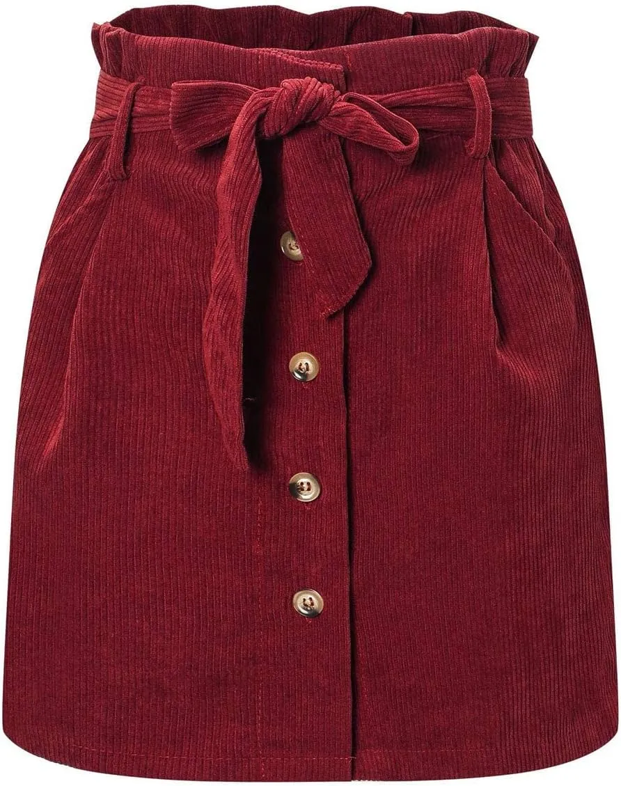 ebossy Women's Paperbag High Waist Button Front Corduroy Mini Skirt with Belt