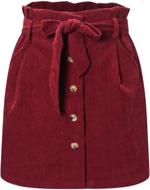 ebossy Women's Paperbag High Waist Button Front Corduroy Mini Skirt with Belt