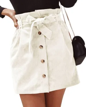 ebossy Women's Paperbag High Waist Button Front Corduroy Mini Skirt with Belt