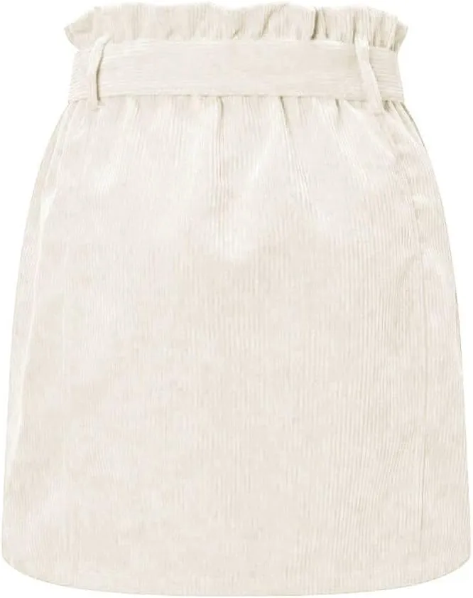 ebossy Women's Paperbag High Waist Button Front Corduroy Mini Skirt with Belt