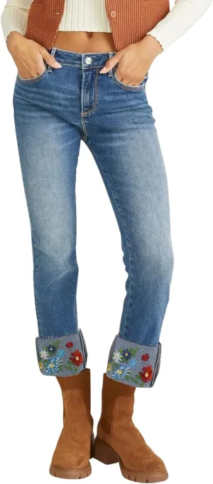 Embroidered Jeans for Women Floral Crop Straight Leg Cuffed Stretch Jeans Mid Rise Skinny Denim Pants
