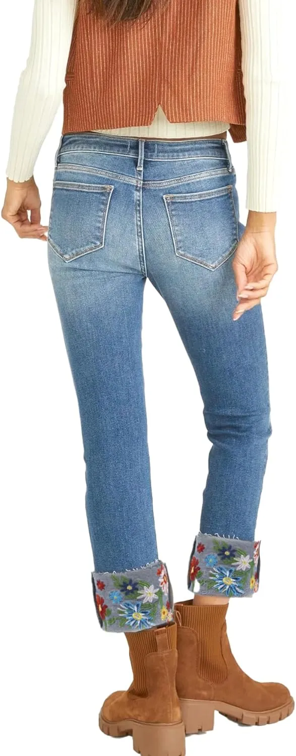 Embroidered Jeans for Women Floral Crop Straight Leg Cuffed Stretch Jeans Mid Rise Skinny Denim Pants