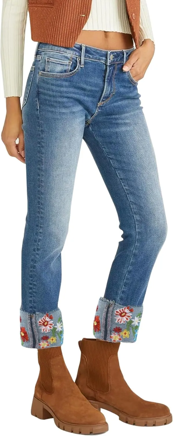 Embroidered Jeans for Women Floral Crop Straight Leg Cuffed Stretch Jeans Mid Rise Skinny Denim Pants