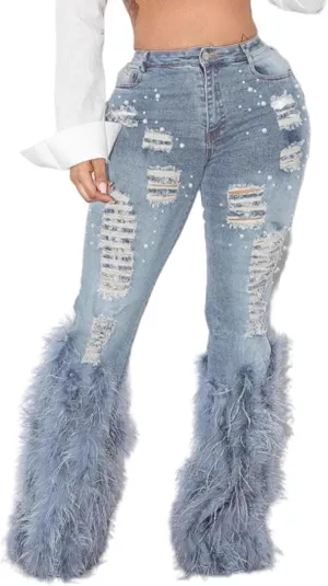 Famnbro Women's Stretch Fluffy Feather Ripped Jeans Pearl Straight Leg Denim Pants High Waisted Jeans