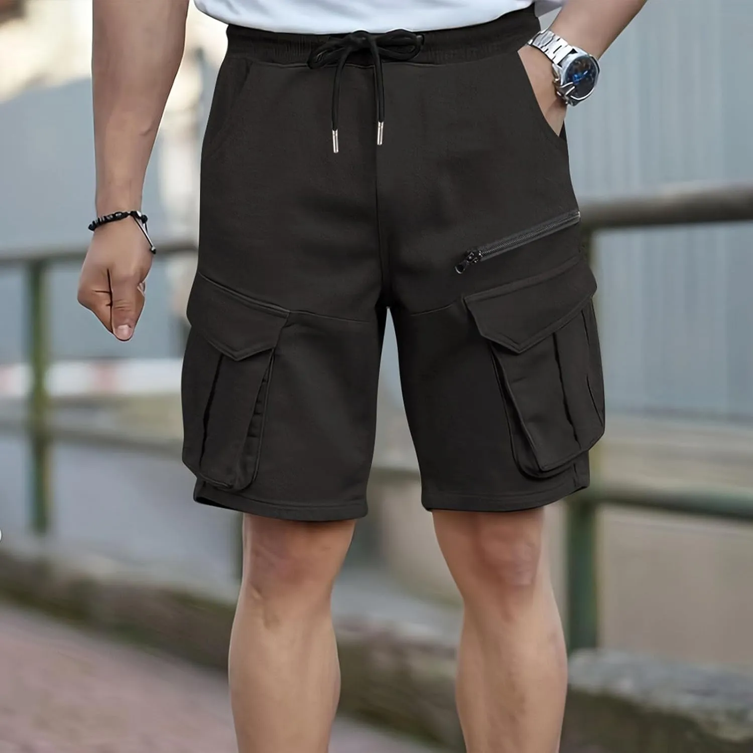 Fashion Cargo Shorts for Men Multi-Pocket Zipper Men's Pants Casual Loose Solid Color Shorts