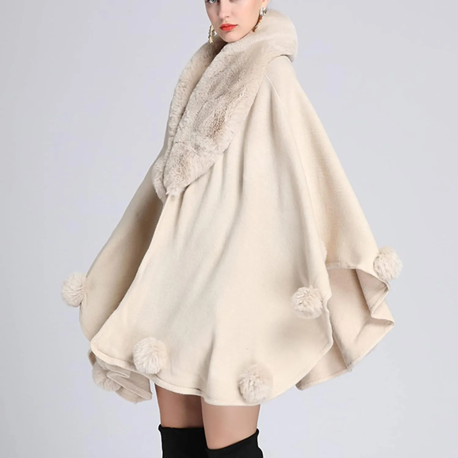 Faux Fur Lapel Shawl Womens Winter Coats Luxury Soft Cape Wool Pom Poncho Warm Cardigan Shrug Cloak Party Wrap Scarf
