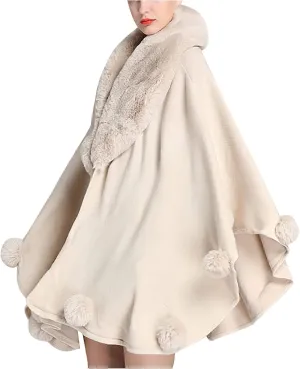 Faux Fur Lapel Shawl Womens Winter Coats Luxury Soft Cape Wool Pom Poncho Warm Cardigan Shrug Cloak Party Wrap Scarf