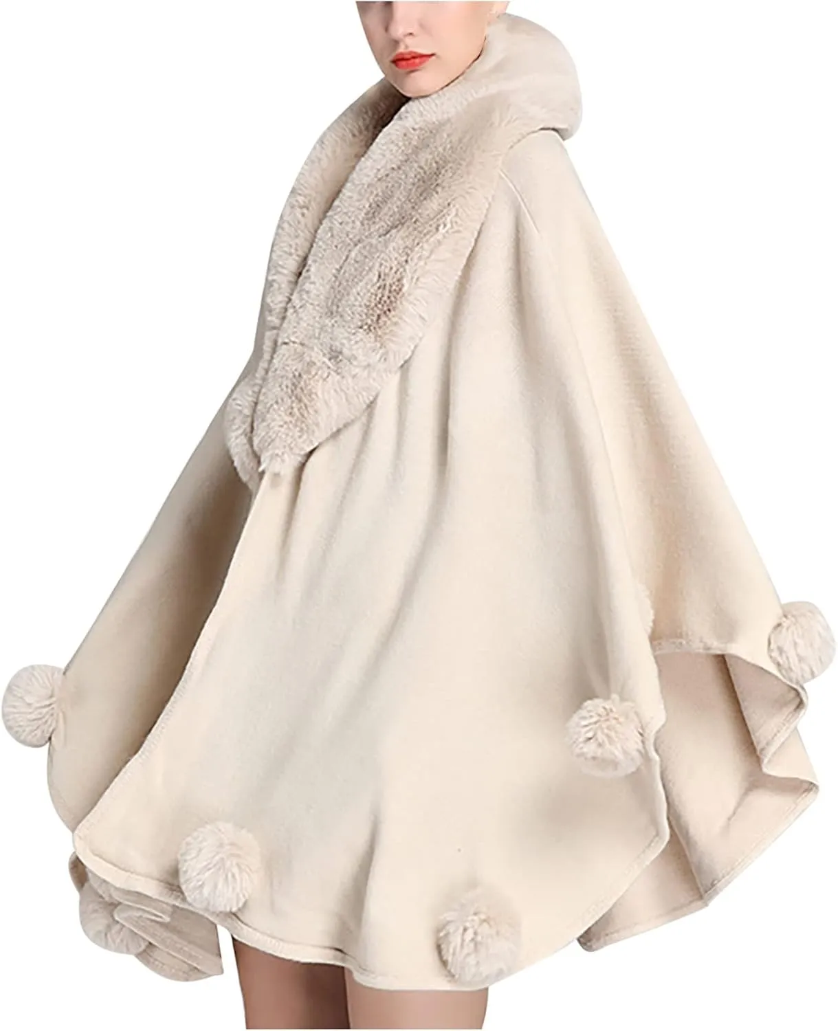 Faux Fur Lapel Shawl Womens Winter Coats Luxury Soft Cape Wool Pom Poncho Warm Cardigan Shrug Cloak Party Wrap Scarf