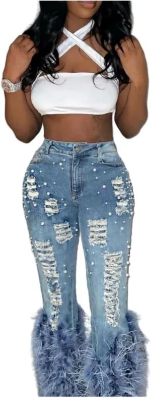 Faux-Fur Ripped Beaded Stretch Skinny Denim Jeans Pants