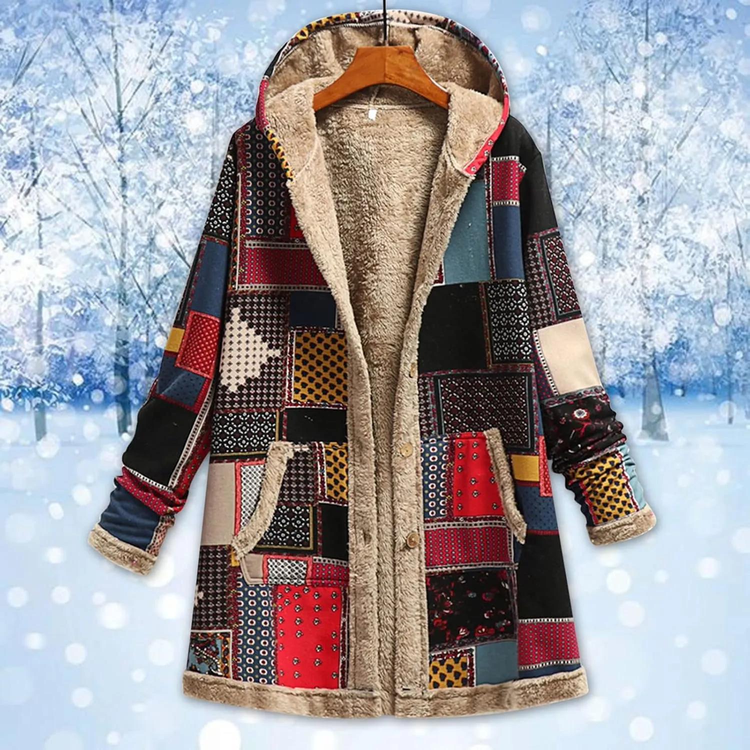 Finelylove Winter Jackets for Women 2024 Westren Aztec Print Graphic Hoodie Jacket Fleece Sherpa Lined Vintage Trench Coat