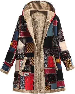 Finelylove Winter Jackets for Women 2024 Westren Aztec Print Graphic Hoodie Jacket Fleece Sherpa Lined Vintage Trench Coat