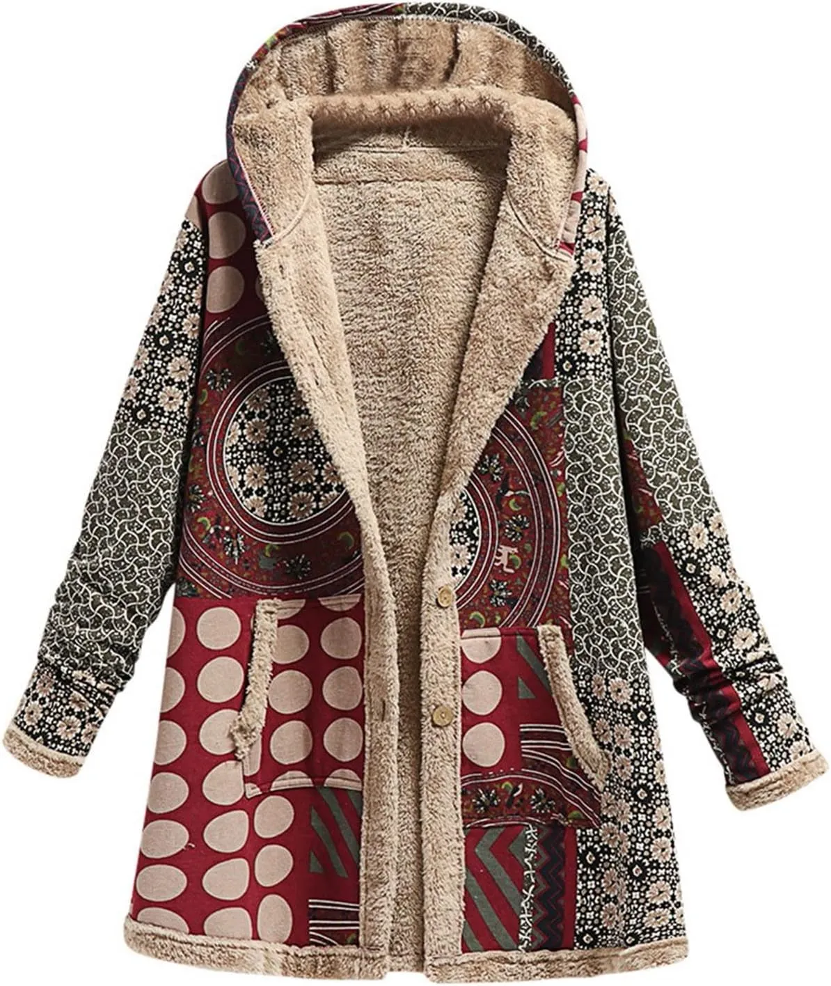 Finelylove Winter Jackets for Women 2024 Westren Aztec Print Graphic Hoodie Jacket Fleece Sherpa Lined Vintage Trench Coat