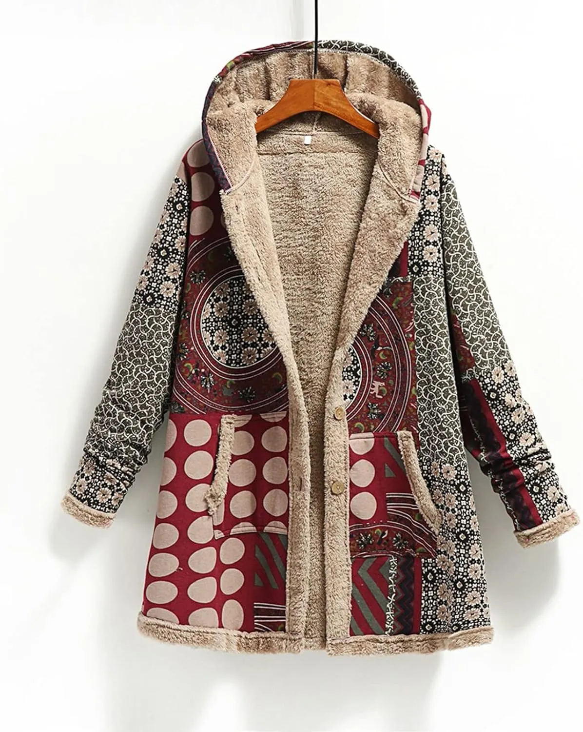 Finelylove Winter Jackets for Women 2024 Westren Aztec Print Graphic Hoodie Jacket Fleece Sherpa Lined Vintage Trench Coat