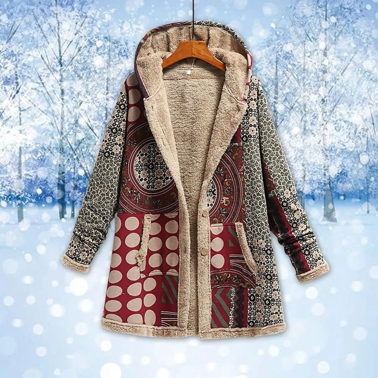 Finelylove Winter Jackets for Women 2024 Westren Aztec Print Graphic Hoodie Jacket Fleece Sherpa Lined Vintage Trench Coat