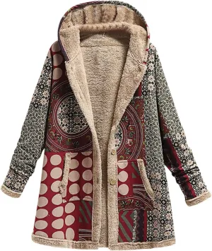 Finelylove Winter Jackets for Women 2024 Westren Aztec Print Graphic Hoodie Jacket Fleece Sherpa Lined Vintage Trench Coat