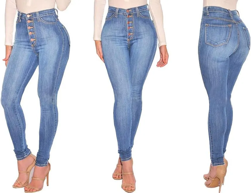 FISCLOSIN Womens High Waist Stretch Jeans 5 Button Push Up Butt Lifting Skinny Colombian Jeans