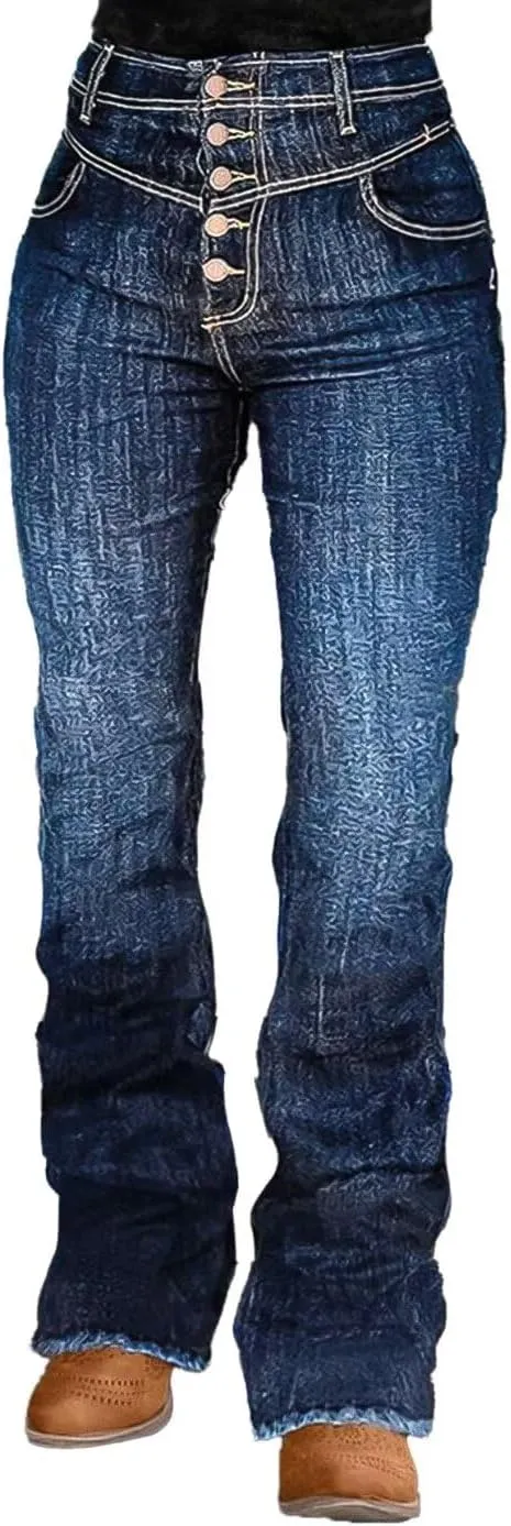 Flamingals Bootcut Straight Leg High Rise Casual Botton Fly Raw Hem Denim Jeans