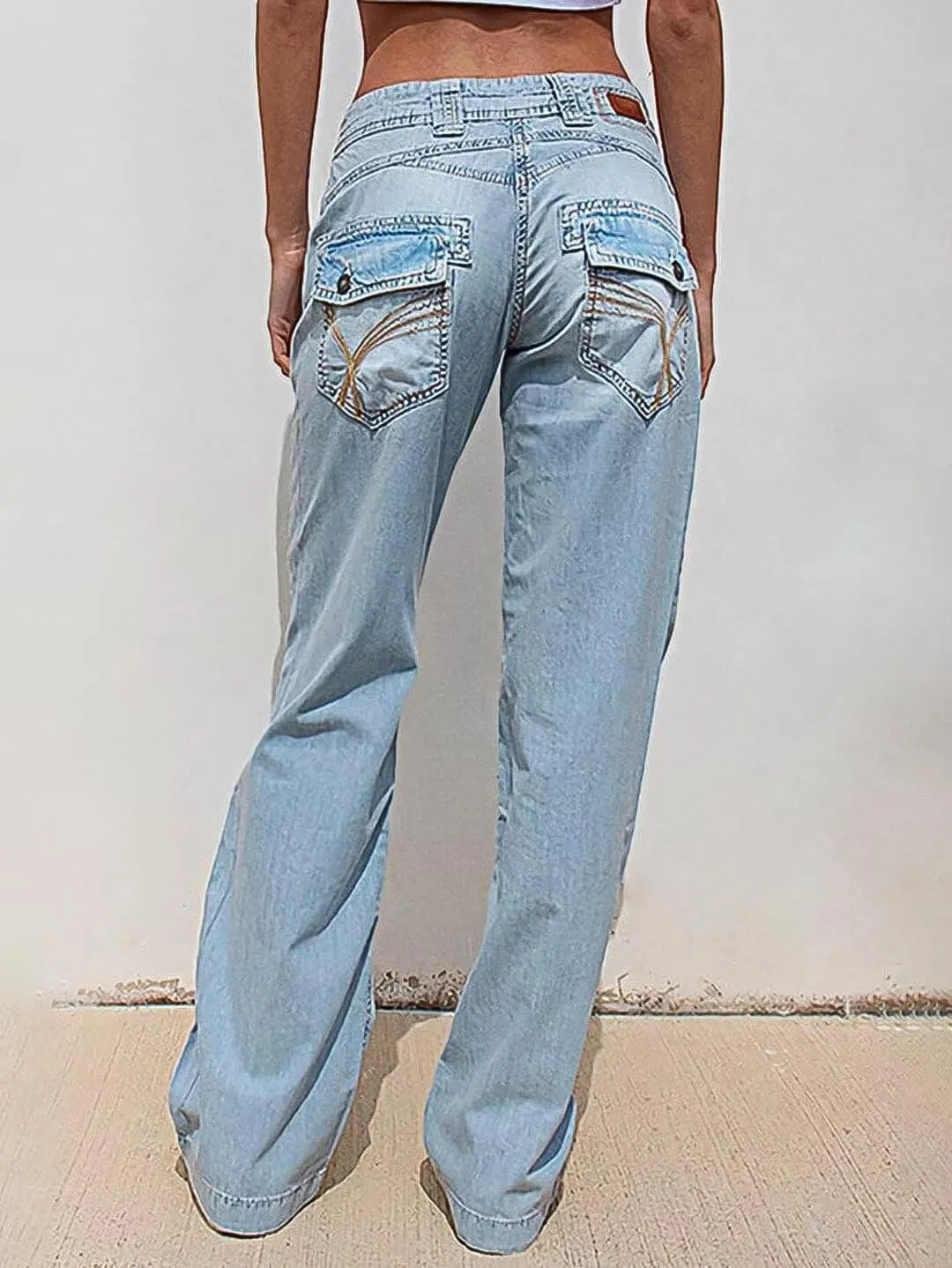 Flamingals Low Waisted Straight Leg Cargo Jeans for Women Stretch Casual Stitch Detail Denim Jeans