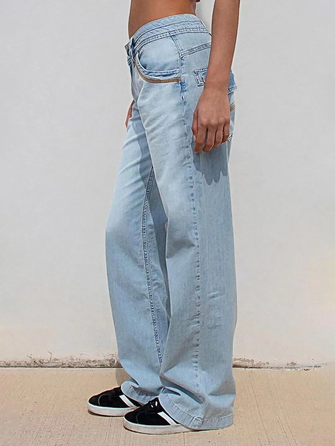 Flamingals Low Waisted Straight Leg Cargo Jeans for Women Stretch Casual Stitch Detail Denim Jeans