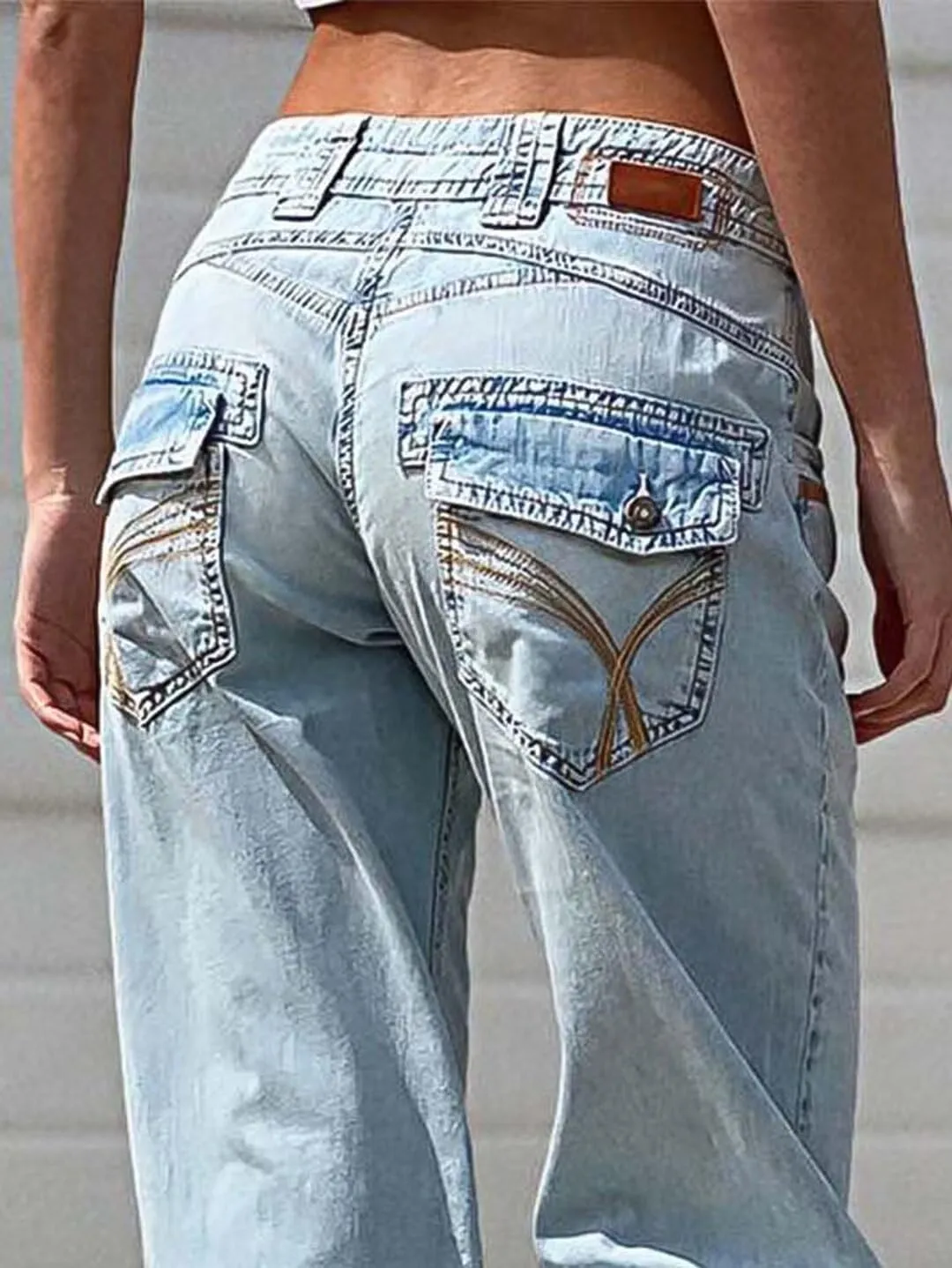 Flamingals Low Waisted Straight Leg Cargo Jeans for Women Stretch Casual Stitch Detail Denim Jeans