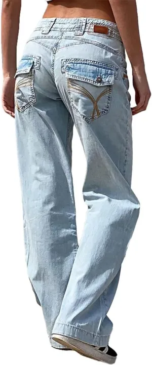 Flamingals Low Waisted Straight Leg Cargo Jeans for Women Stretch Casual Stitch Detail Denim Jeans