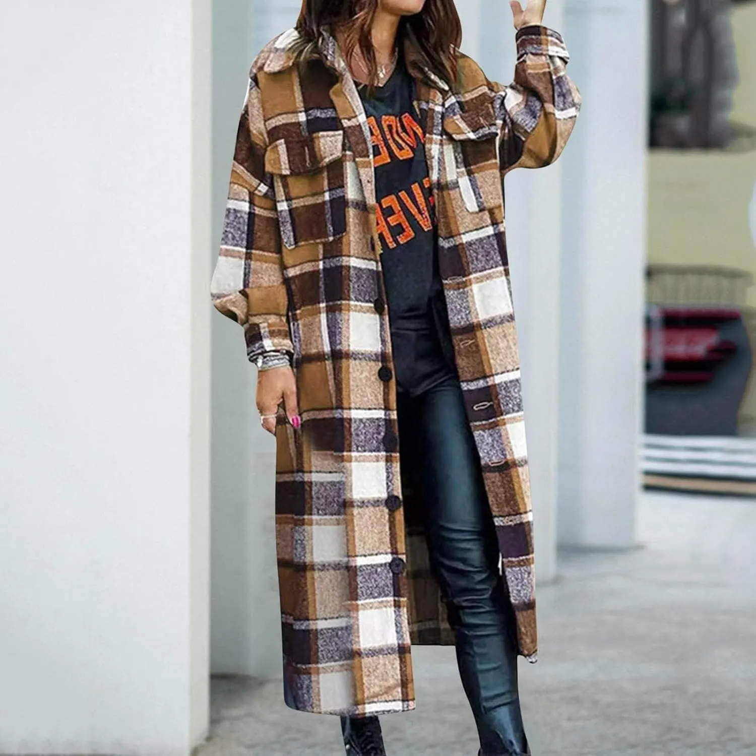Flannel Shacket Women Long Trench Coat Button Down Plaid Jacket Casual Wool Blend Shirt Oversized Fall Outwear