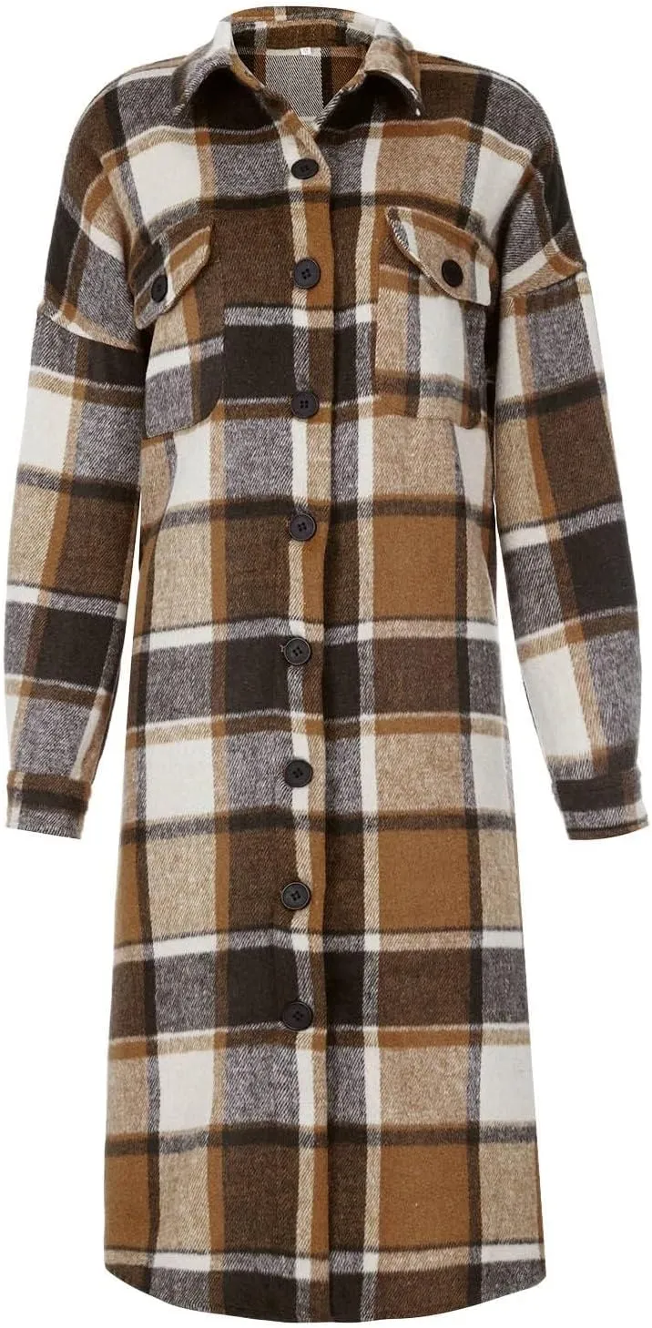 Flannel Shacket Women Long Trench Coat Button Down Plaid Jacket Casual Wool Blend Shirt Oversized Fall Outwear