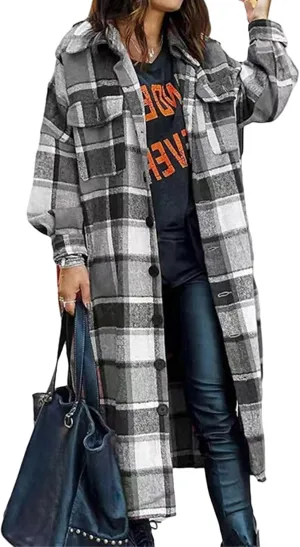 Flannel Shacket Women Long Trench Coat Button Down Plaid Jacket Casual Wool Blend Shirt Oversized Fall Outwear