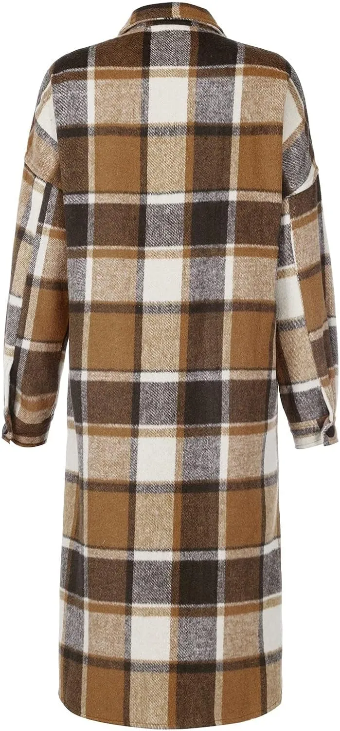 Flannel Shacket Women Long Trench Coat Button Down Plaid Jacket Casual Wool Blend Shirt Oversized Fall Outwear