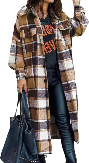 Flannel Shacket Women Long Trench Coat Button Down Plaid Jacket Casual Wool Blend Shirt Oversized Fall Outwear