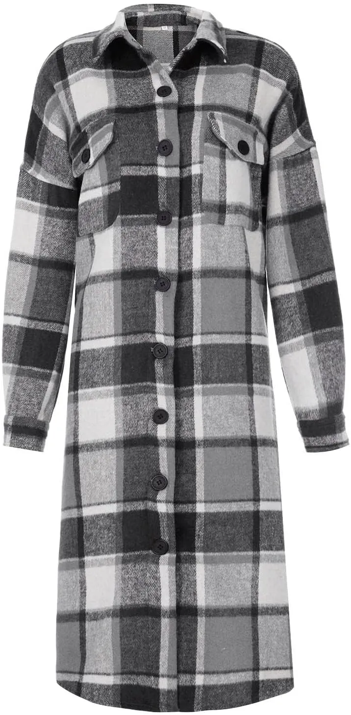 Flannel Shacket Women Long Trench Coat Button Down Plaid Jacket Casual Wool Blend Shirt Oversized Fall Outwear
