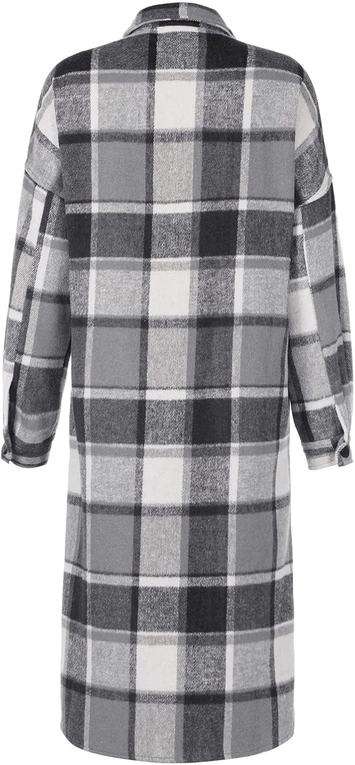 Flannel Shacket Women Long Trench Coat Button Down Plaid Jacket Casual Wool Blend Shirt Oversized Fall Outwear