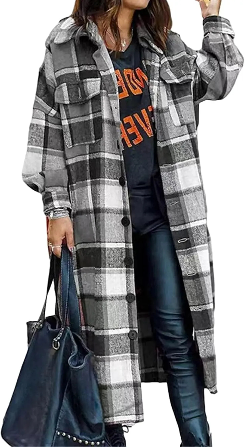Flannel Shacket Women Long Trench Coat Button Down Plaid Jacket Casual Wool Blend Shirt Oversized Fall Outwear